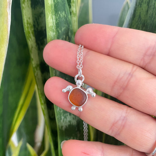 Brown Sea Glass Turtle Pendant Necklace