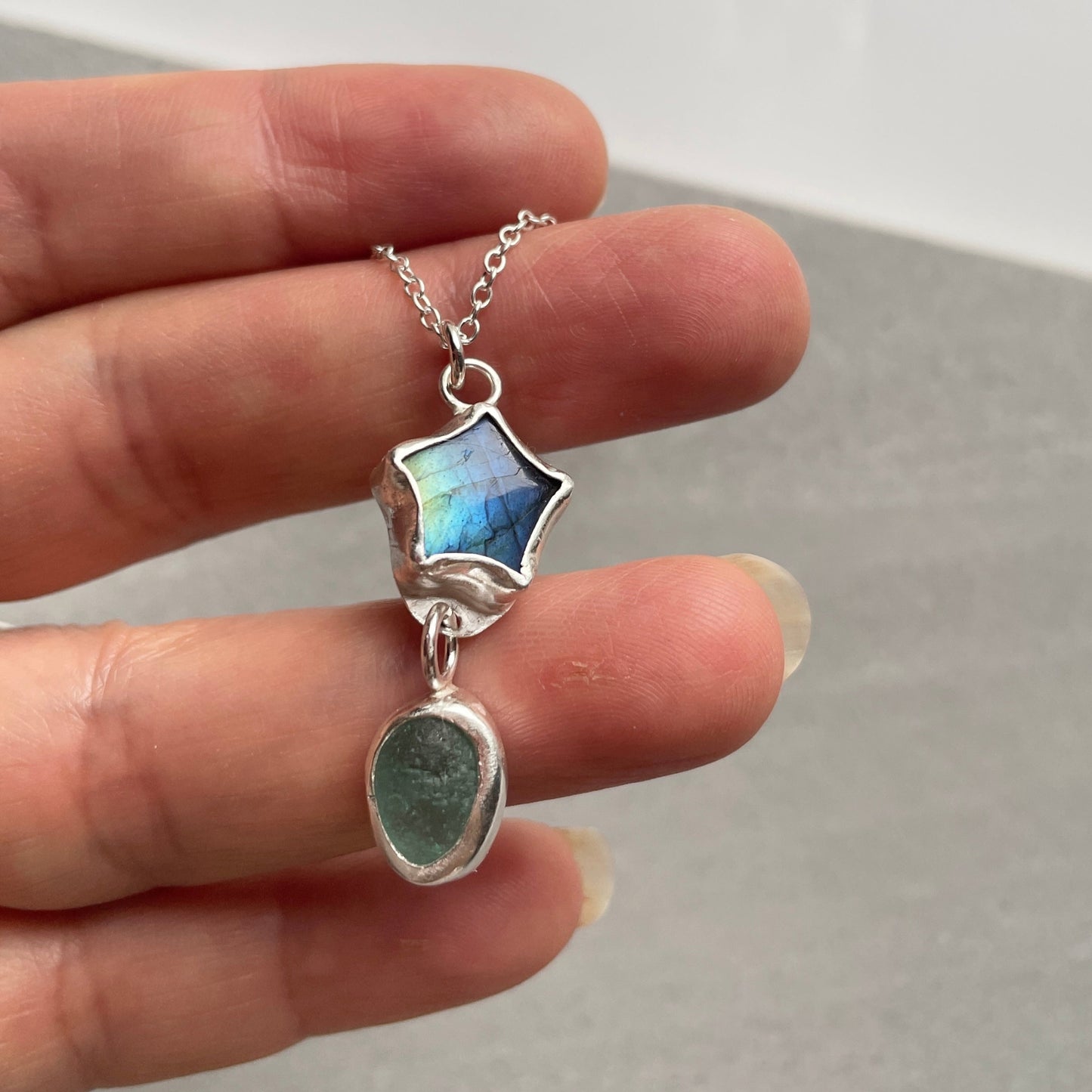Labradorite Crystal Sea Glass Pendant Necklace