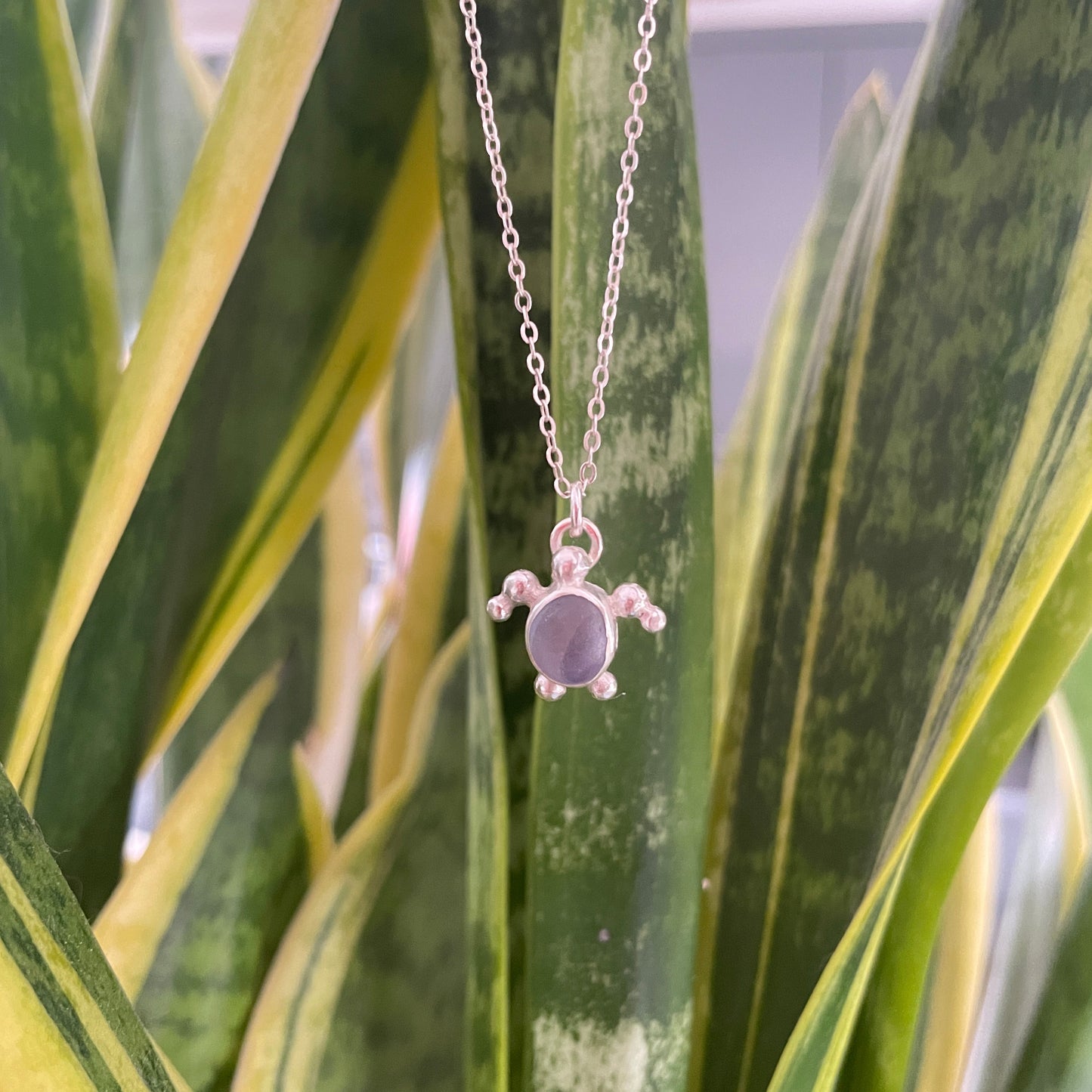 Purple Sea Glass Turtle Pendant Necklace
