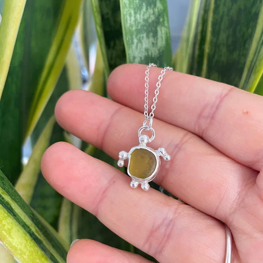 Yellow Sea Glass Turtle Pendant Necklace
