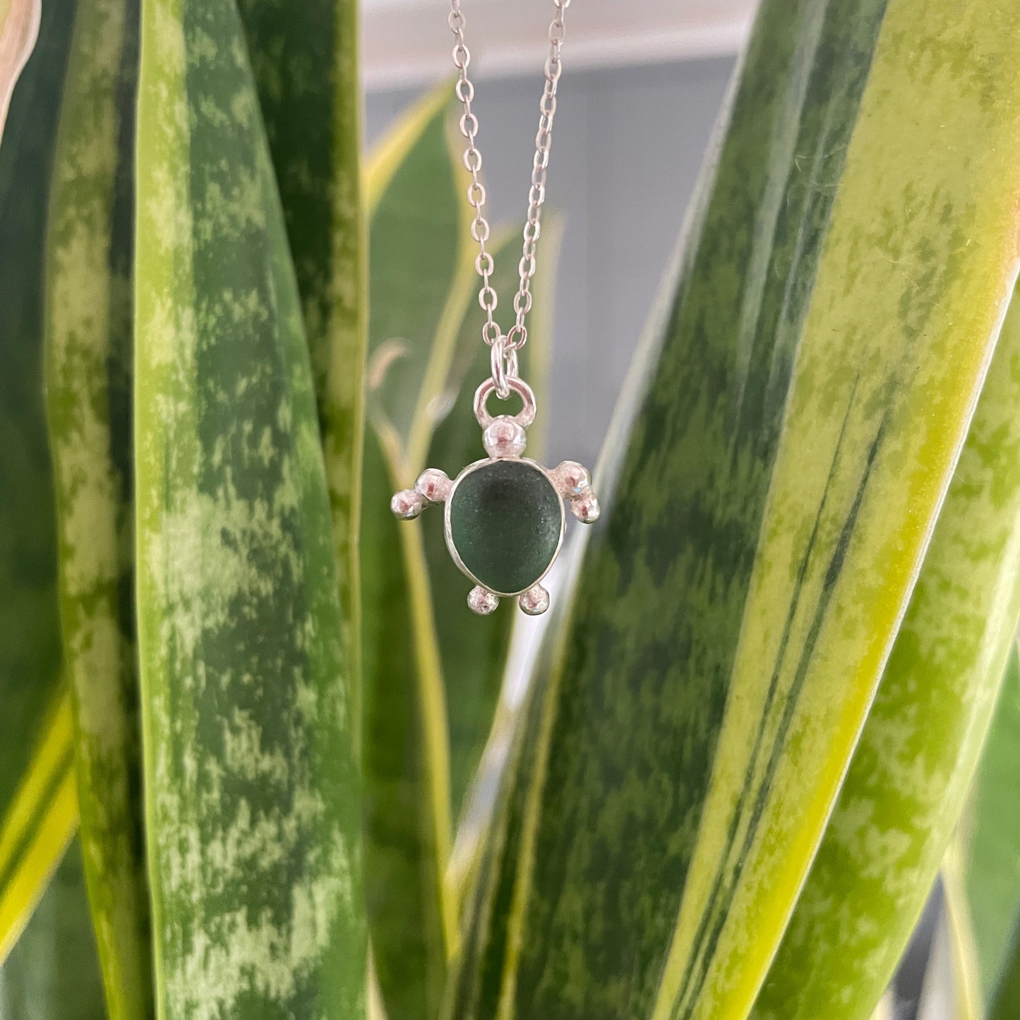 Green Sea Glass Turtle Pendant Necklace