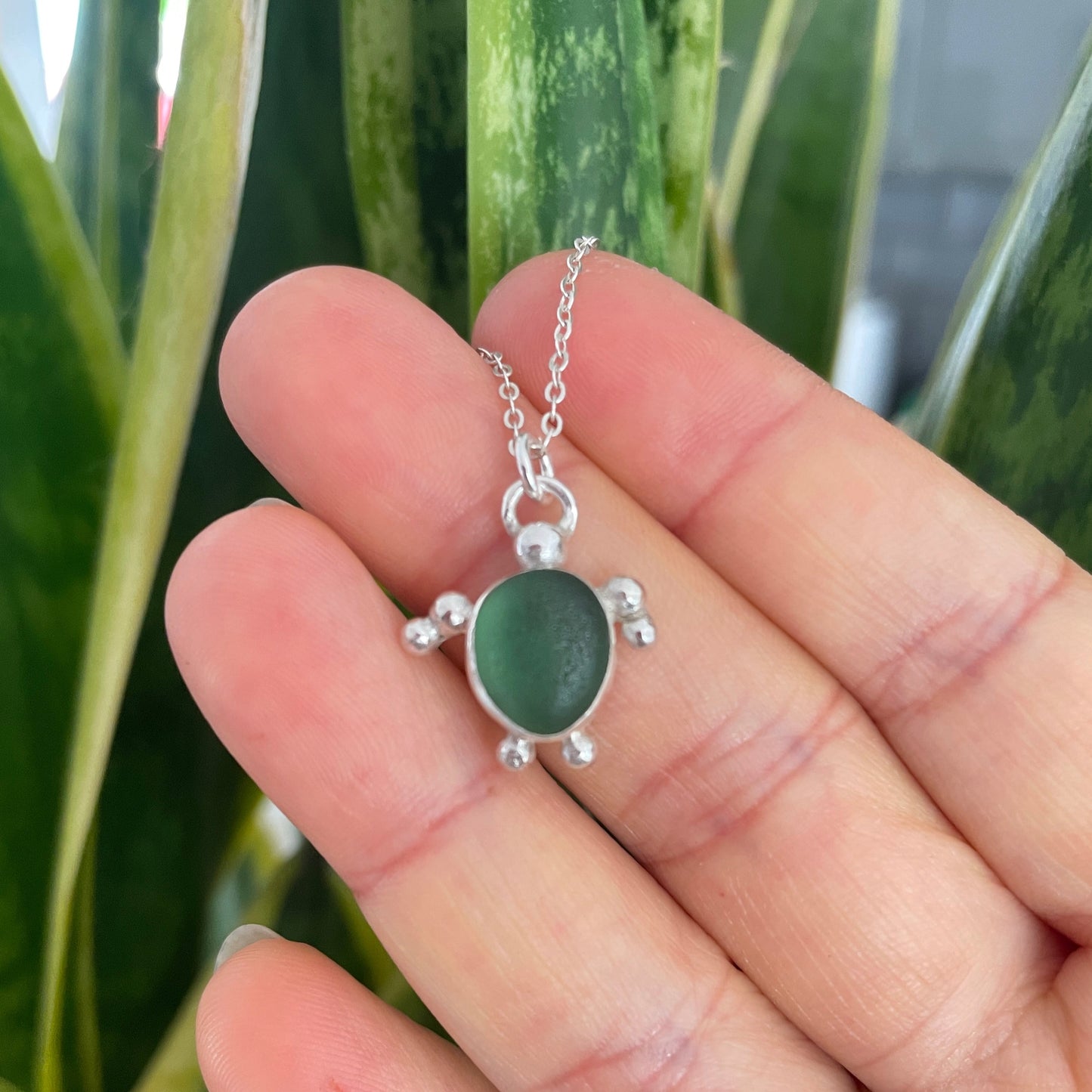Green Sea Glass Turtle Pendant Necklace
