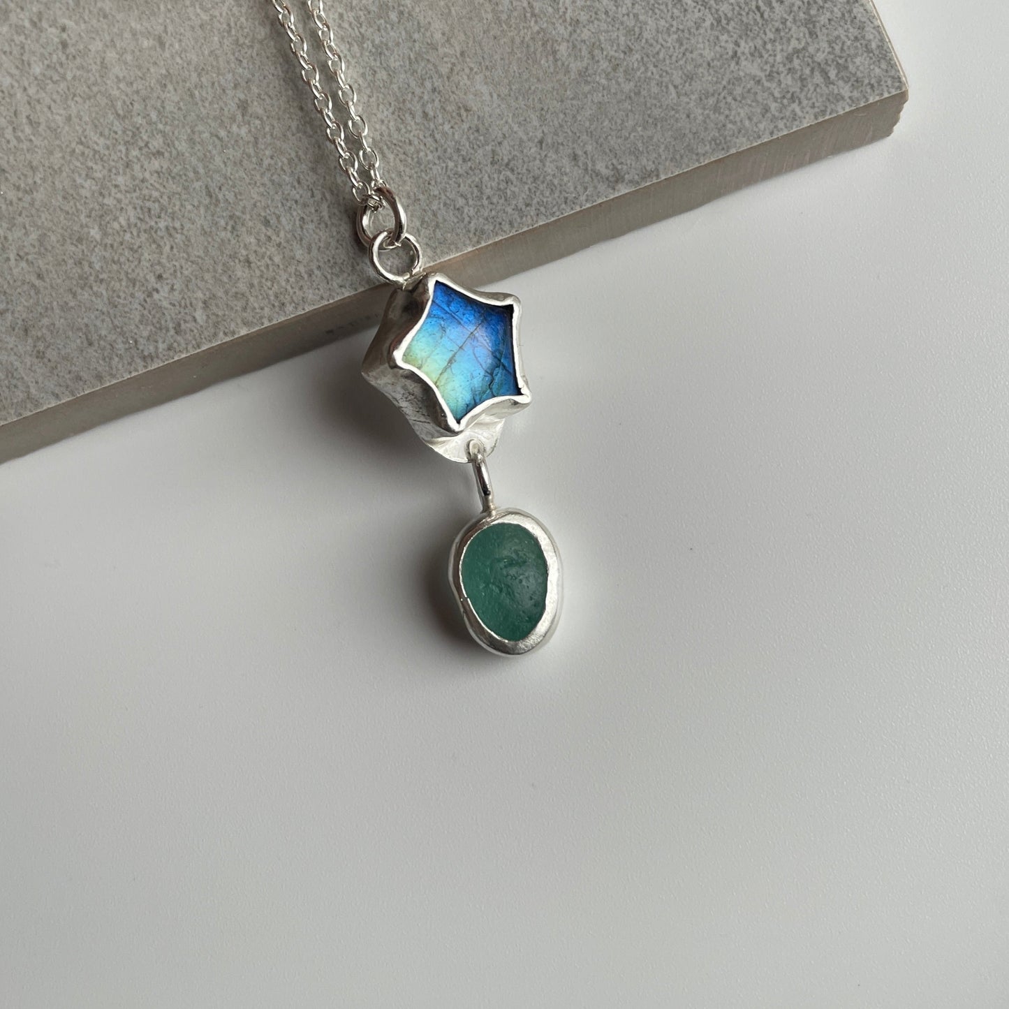 Labradorite Crystal Sea Glass Pendant Necklace
