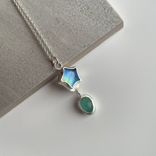 Labradorite Crystal Sea Glass Pendant Necklace