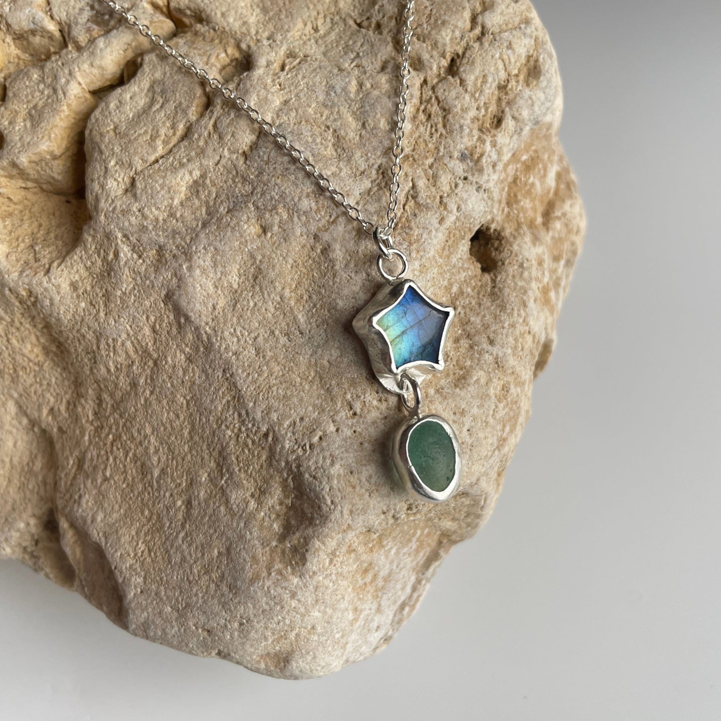 Labradorite Crystal Sea Glass Pendant Necklace