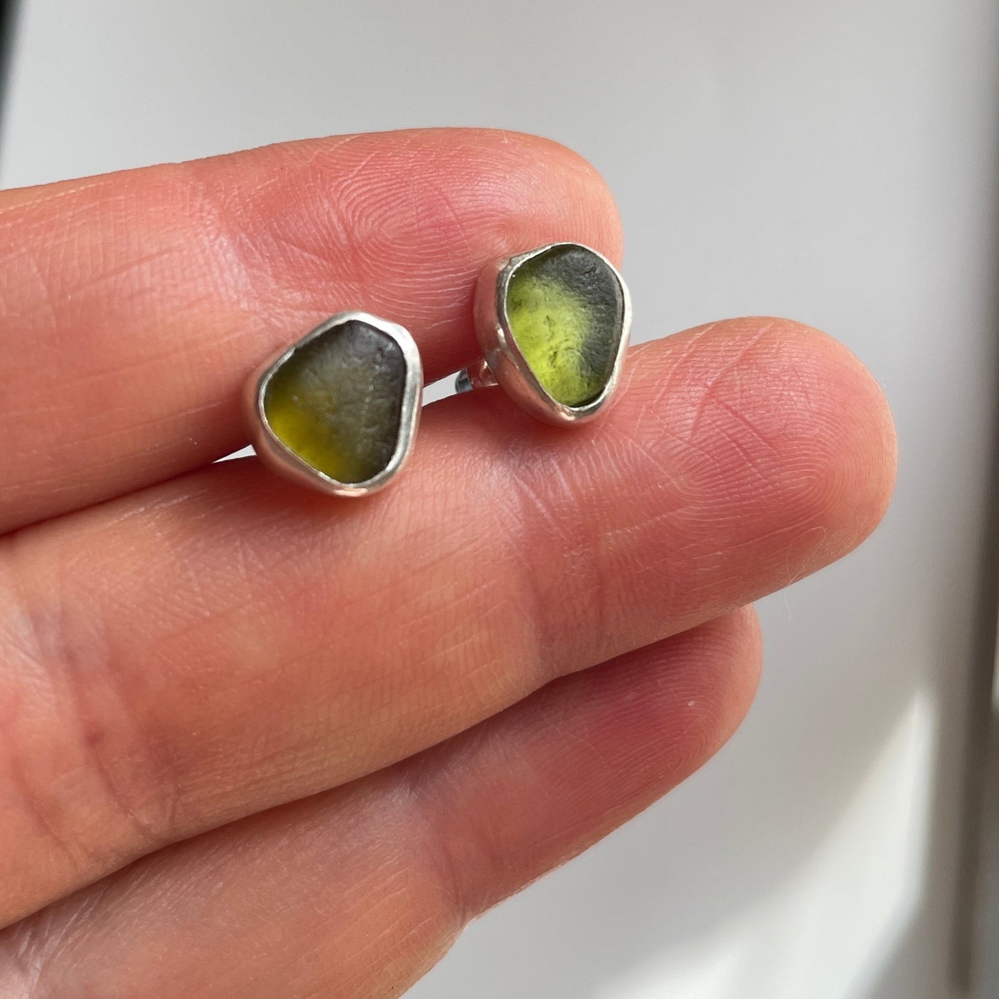 Olive Green Sea Glass Studs